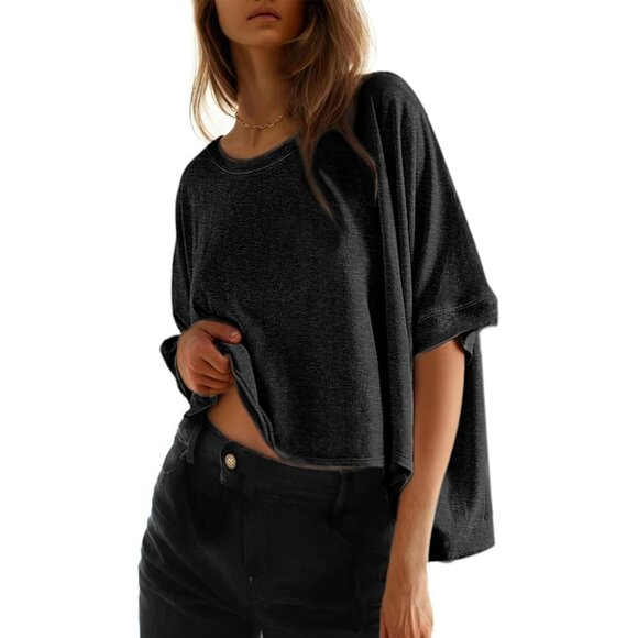 🆕 Women Black Dolman Sleeve Tops Loose Oversized Crewneck Flowy T Shirts Basic - Picture 1 of 5
